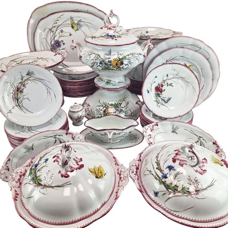 Sarreguemines Earthenware Dinner Service, "papillon" Model, Late 19th Century, 80 Pieces.-photo-1