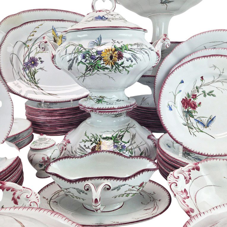Sarreguemines Earthenware Dinner Service, "papillon" Model, Late 19th Century, 80 Pieces.-photo-6