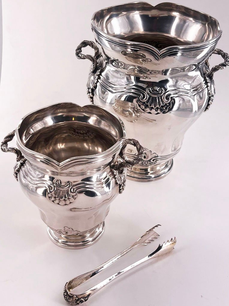 Double-handled Ice Bucket With Its 800-thousandths Silver Spoon, Italy, 20th Century.-photo-2