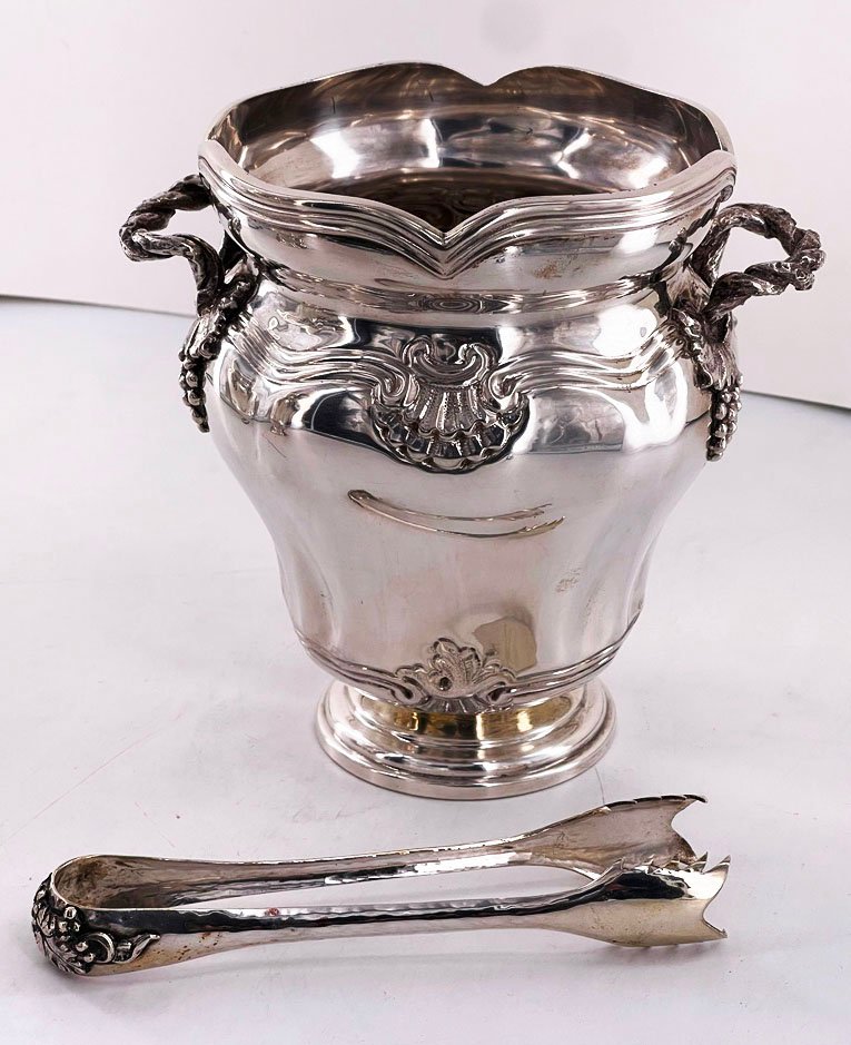 Double-handled Ice Bucket With Its 800-thousandths Silver Spoon, Italy, 20th Century.