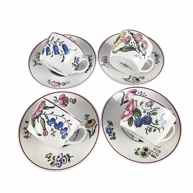 Set Of 4 Sarreguemines Earthenware Tea Cup And Saucer Sets, "annales" Model.-photo-3