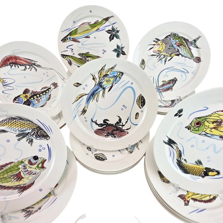 Set Of Ceramic Fish Plates, Capri Model, Villeroy & Boch, 1970s, 27 Pieces-photo-2