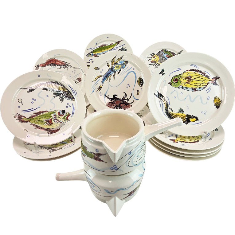 Set Of Ceramic Fish Plates, Capri Model, Villeroy & Boch, 1970s, 27 Pieces