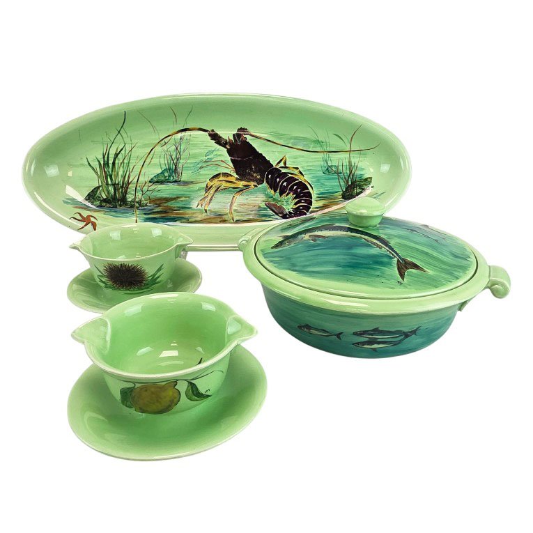 16-piece Earthenware Fish Serving Set By Procéram, Aubagne.-photo-2
