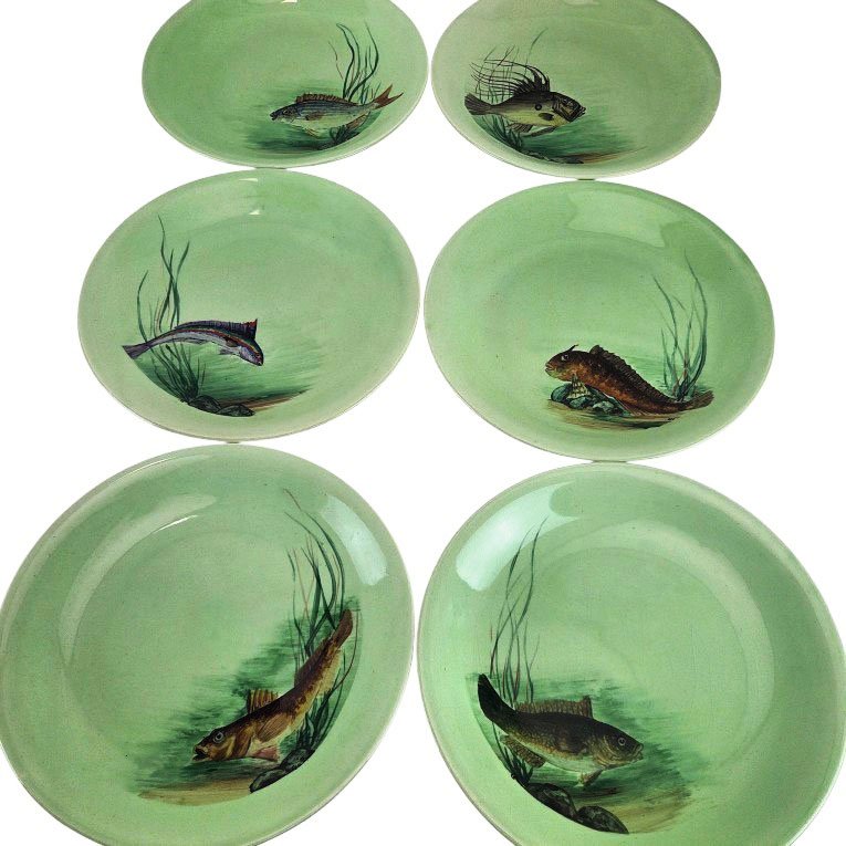16-piece Earthenware Fish Serving Set By Procéram, Aubagne.-photo-4