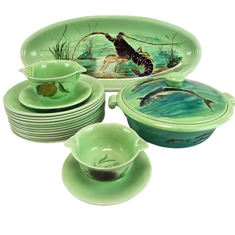 16-piece Earthenware Fish Serving Set By Procéram, Aubagne.
