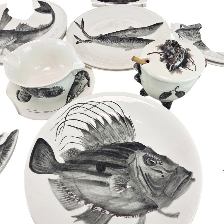 Proceram Earthenware Fish Serving Set, Aubagne, 17 Pieces.-photo-2