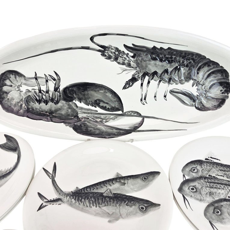 Proceram Earthenware Fish Serving Set, Aubagne, 17 Pieces.-photo-3