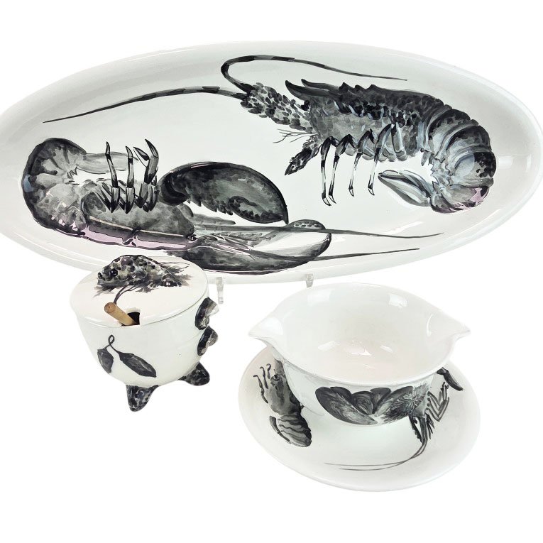 Proceram Earthenware Fish Serving Set, Aubagne, 17 Pieces.-photo-1