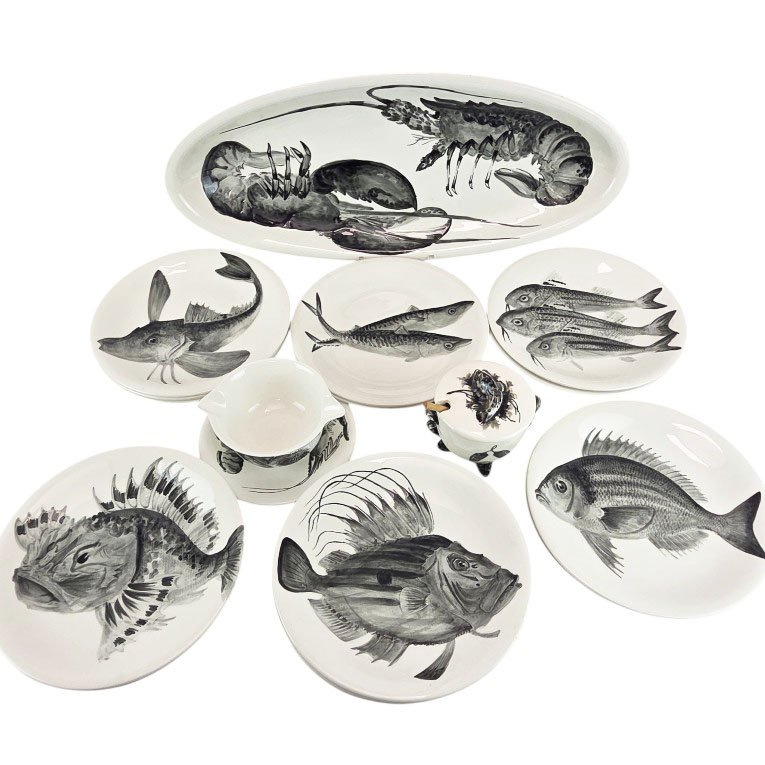 Proceram Earthenware Fish Serving Set, Aubagne, 17 Pieces.