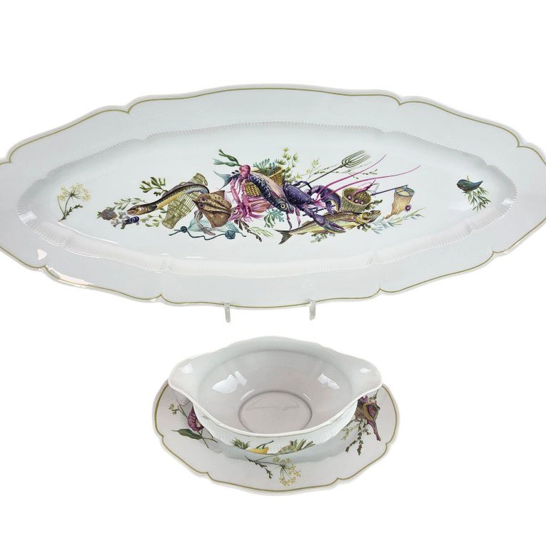 Limoges Porcelain Fish Serving Set, "calanque" Pattern, By Haviland, 14-piece Set.-photo-3