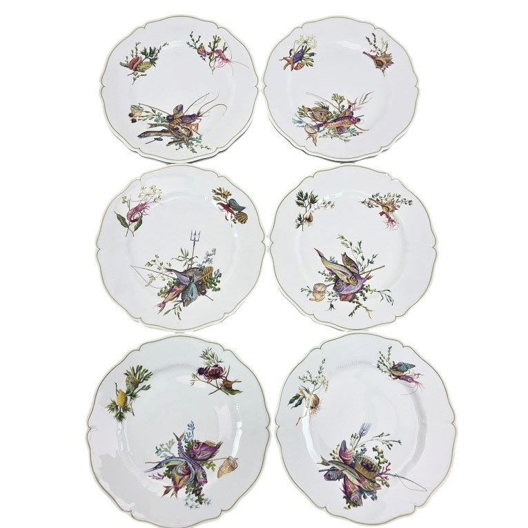 Limoges Porcelain Fish Serving Set, "calanque" Pattern, By Haviland, 14-piece Set.-photo-4