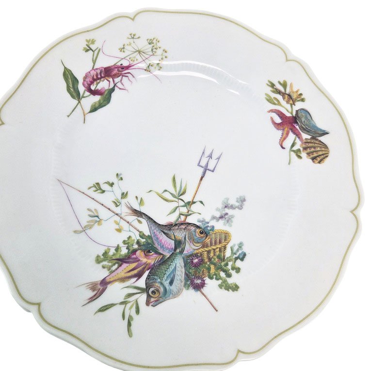 Limoges Porcelain Fish Serving Set, "calanque" Pattern, By Haviland, 14-piece Set.-photo-1