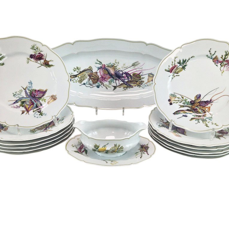 Limoges Porcelain Fish Serving Set, "calanque" Pattern, By Haviland, 14-piece Set.