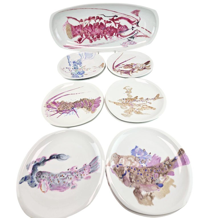 "fish" Pattern Limoges Porcelain Dinner Service By Bernardaud, 22-piece Set.-photo-2