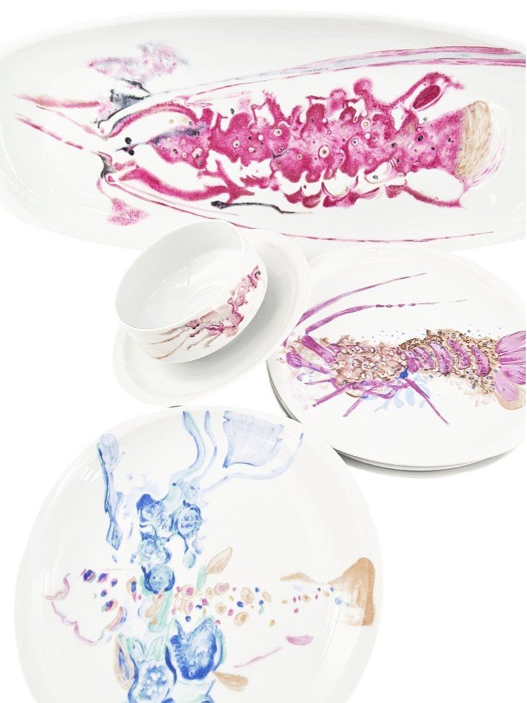 "fish" Pattern Limoges Porcelain Dinner Service By Bernardaud, 22-piece Set.-photo-4