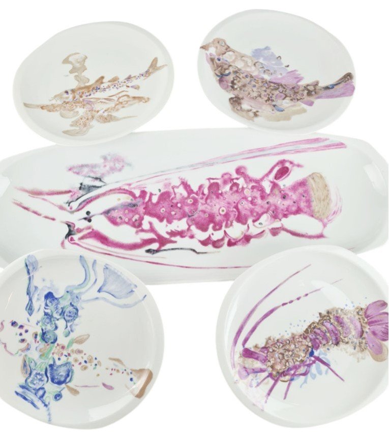 "fish" Pattern Limoges Porcelain Dinner Service By Bernardaud, 22-piece Set.-photo-1