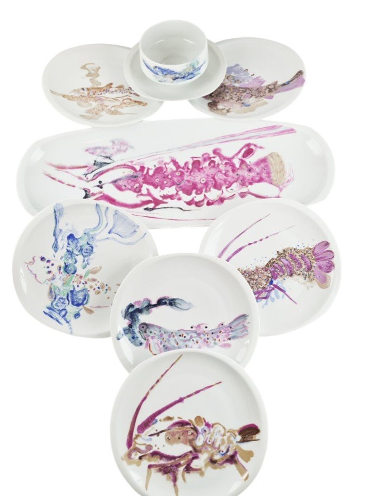 "fish" Pattern Limoges Porcelain Dinner Service By Bernardaud, 22-piece Set.-photo-2