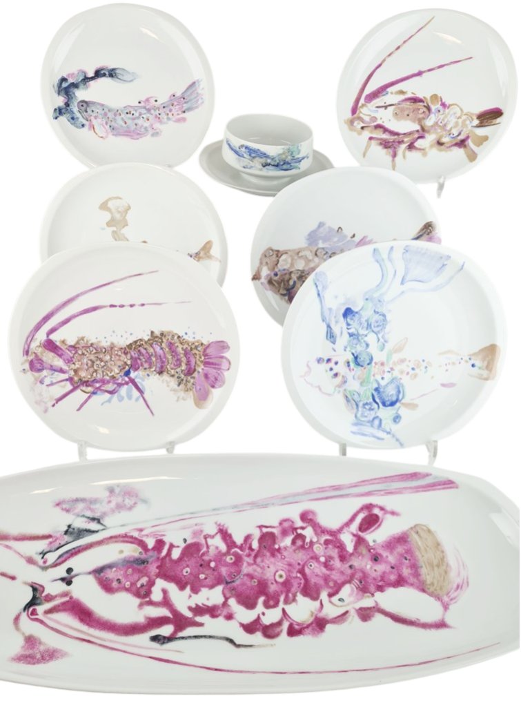 "fish" Pattern Limoges Porcelain Dinner Service By Bernardaud, 22-piece Set.-photo-4