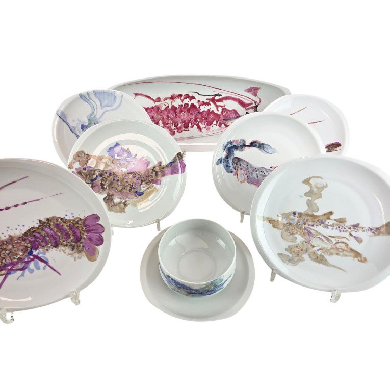 "fish" Pattern Limoges Porcelain Dinner Service By Bernardaud, 22-piece Set.