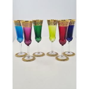 Suite Of 6 Saint Louis Crystal Champagne Flutes, Thistle Gold Model.