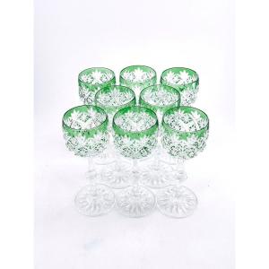 Magnificent Suite Of 6 Rhine Wine Glasses In Saint Louis Green Crystal.