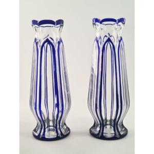  Paire De Vases En Cristal De Saint Louis Doublés Bleus