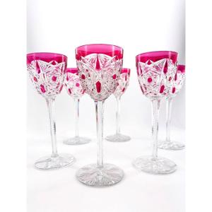 Suite Of 6 Rhine Wine Glasses In Baccarat Crystal, Lagny Model, Roses.