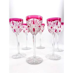 Suite De 6 Verres à Vin Du Rhin En Cristal De Baccarat, Modèle Lagny,roses.