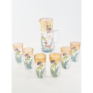 Enameled Glass Lemonade Service With Floral Decoration, Art Nouveau.