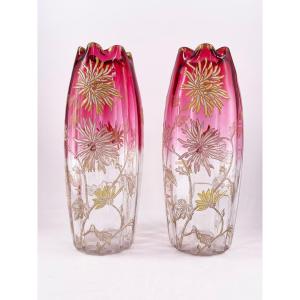 Beautiful Pair Of Enameled Vases, Late 19th Century, Legras, Olga Model.