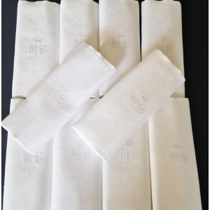 Magnificent Series Of 10 Linen Damask Napkins Monogram Mb Under Crown Comtal