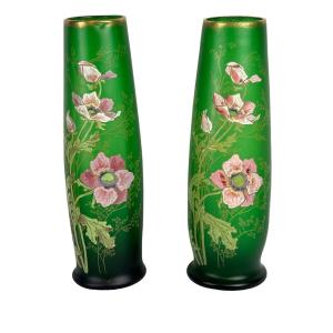 Pair Of Green Enameled Vases With Floral Decor, Legras, Art Nouveau Period