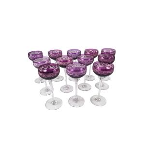 Suite De 12 Verres à Vin En Cristal Doublé Améthyste, époque Art Déco, Cristallerie De Nancy.