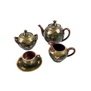 Service à Thé En Grès Verni De Sarreguemines, époque Art Nouveau, 23 Pièces.