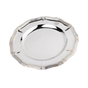 Plat rond en argent orfèvre Odiot Paris, armorié sous couronne comtale.