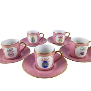 Set Of 5 Pairs Of Limoges Porcelain Coffee Cups, "st. Petersburg" Model, By Puif