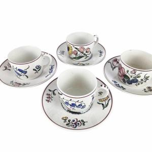 Set Of 4 Sarreguemines Earthenware Tea Cup And Saucer Sets, "annales" Model.