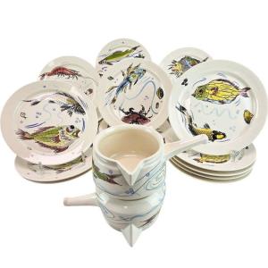 Ensemble d’assiettes à poisson en céramique, modèle Capri, Villeroy et Boch, années 70, 27 pièc
