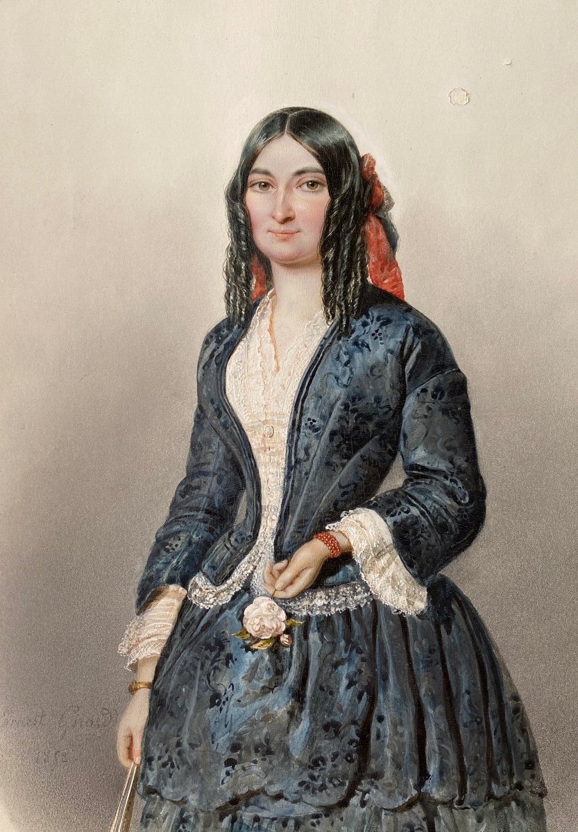 Ernest-joseph Girard (1813 - 1897) Pair Of Watercolor Portraits Of A Woman And Her Son -photo-2