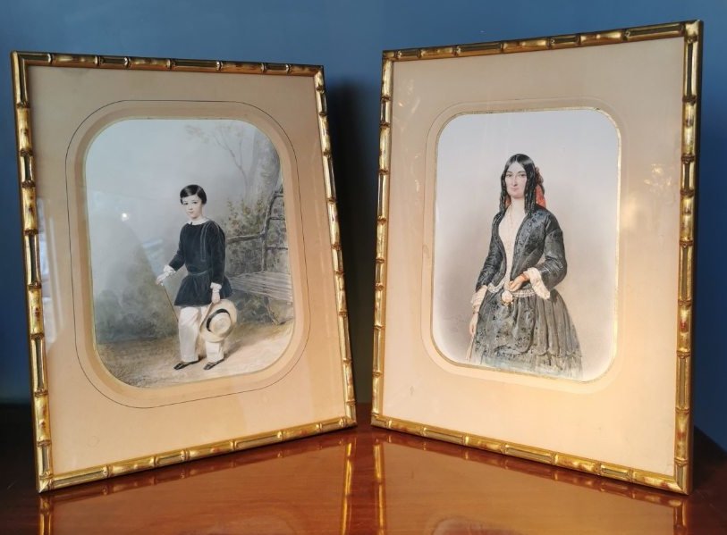 Ernest-joseph Girard (1813 - 1897) Pair Of Watercolor Portraits Of A Woman And Her Son 