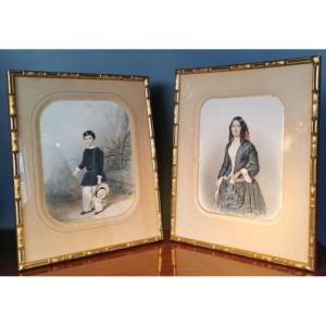 Ernest-Joseph Girard (1813 - 1897) Paire De Portraits En Aquarelle d'Une Femme De Son Fils 