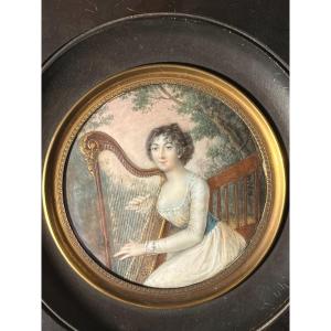 Portrait En Miniature d'Une Jeune Aristocrate à La Harpe, époque Directoire