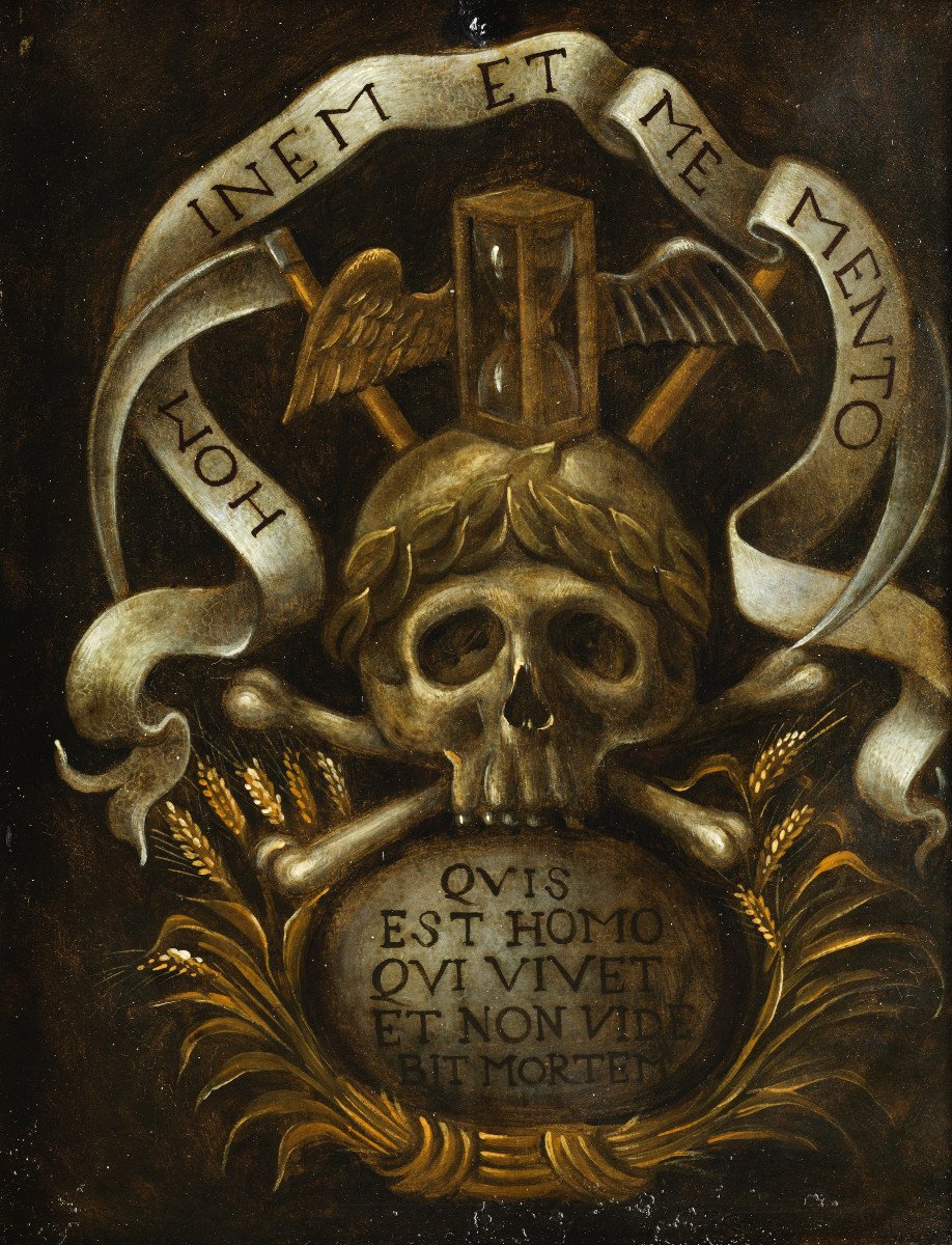  Vanité avec memento mori. Huile sur cuivre, Italie, XVIIe siècle. 