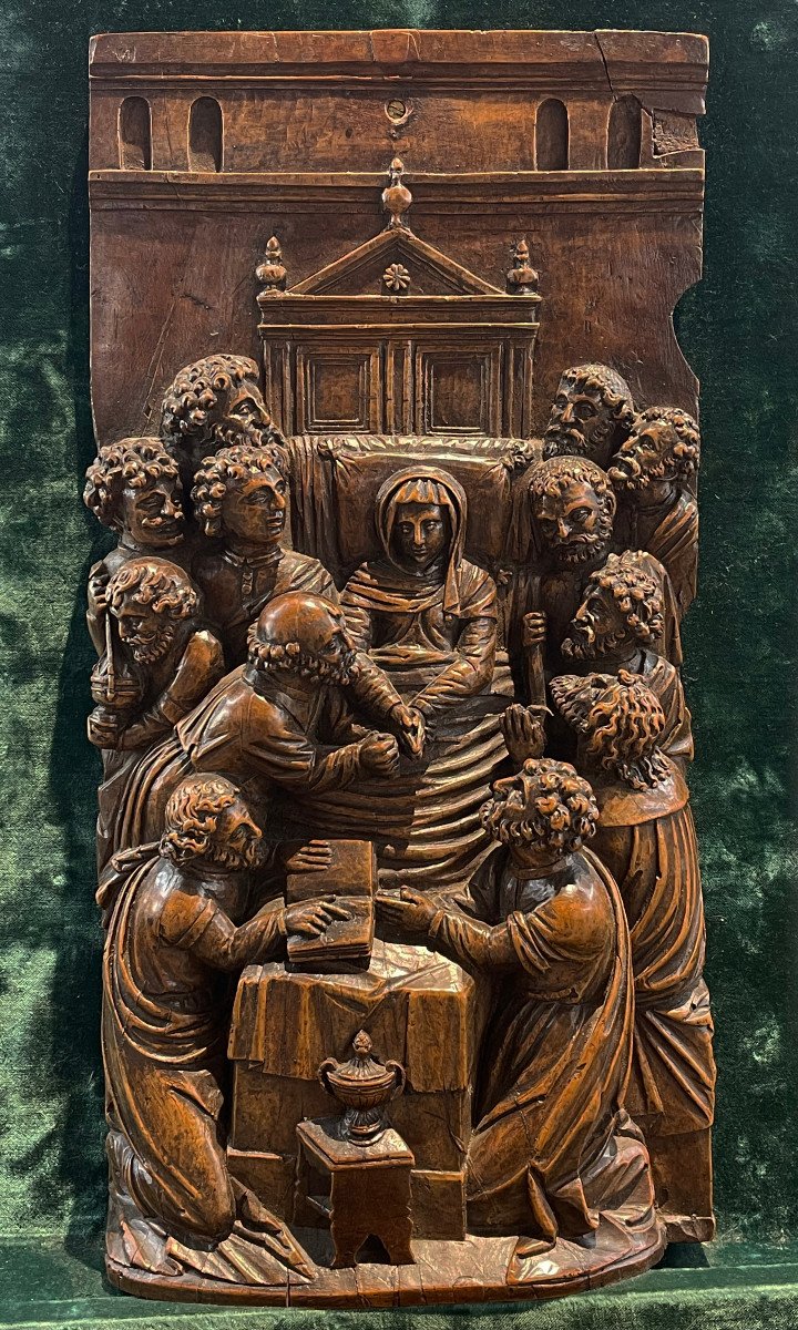 Bas-relief en noyer, Dormition de la Vierge, Flandres fin XVIe début XVIIe siècle.-photo-2