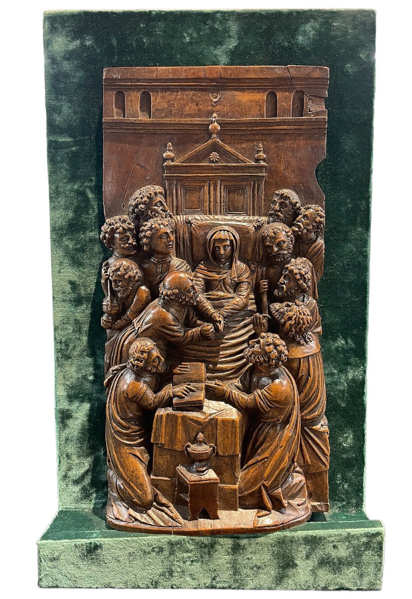 Bas-relief en noyer, Dormition de la Vierge, Flandres fin XVIe début XVIIe siècle.