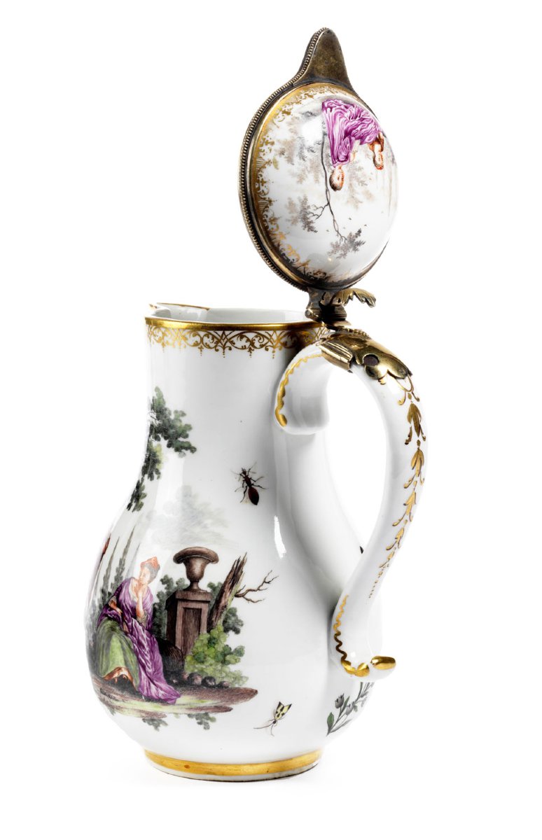 Meissen Porcelain Jug, Silver Gilt Mount, 18th Century-photo-1