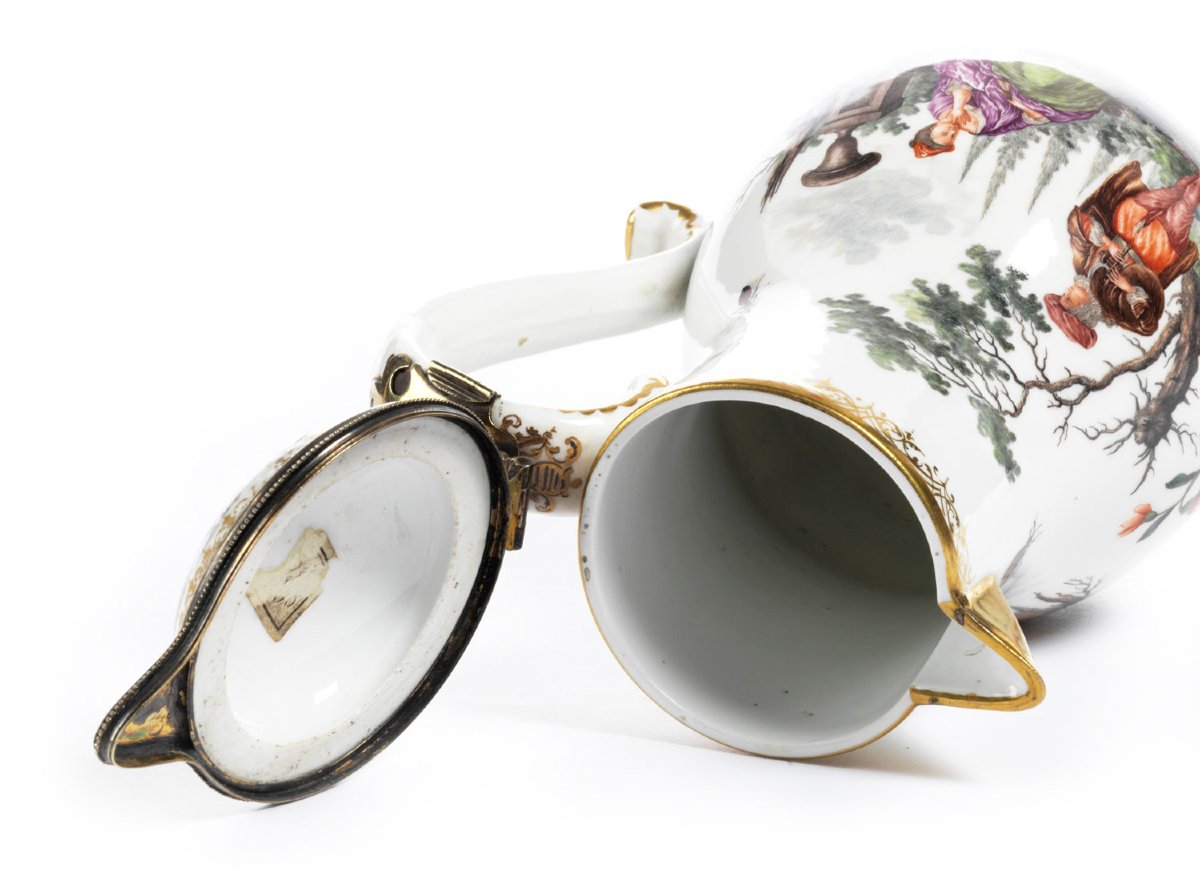Meissen Porcelain Jug, Silver Gilt Mount, 18th Century-photo-2