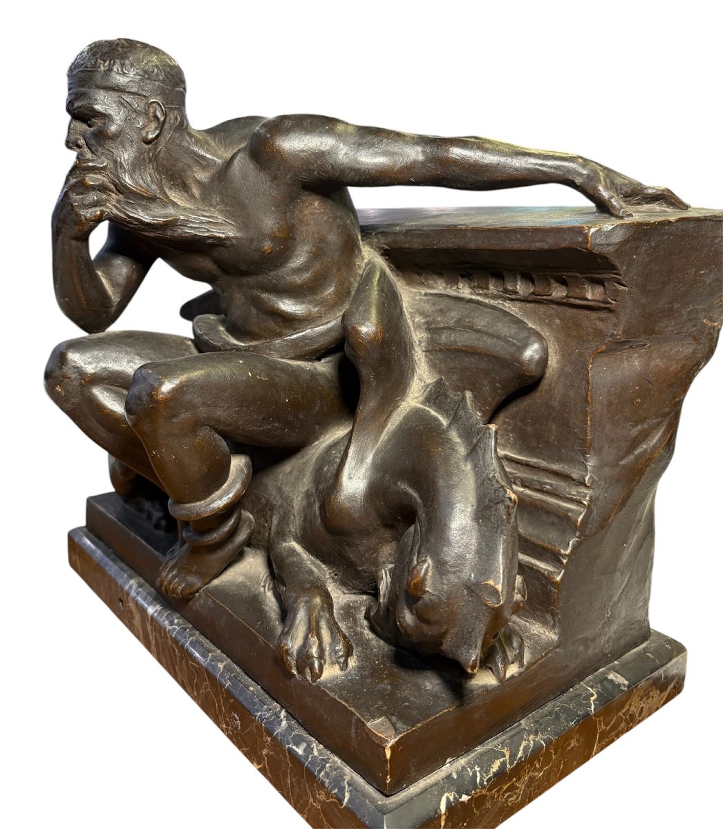 Painted Terracotta Sculpture: Minos, The Guardian Of The Underworld. Italy, 20th Century-photo-2