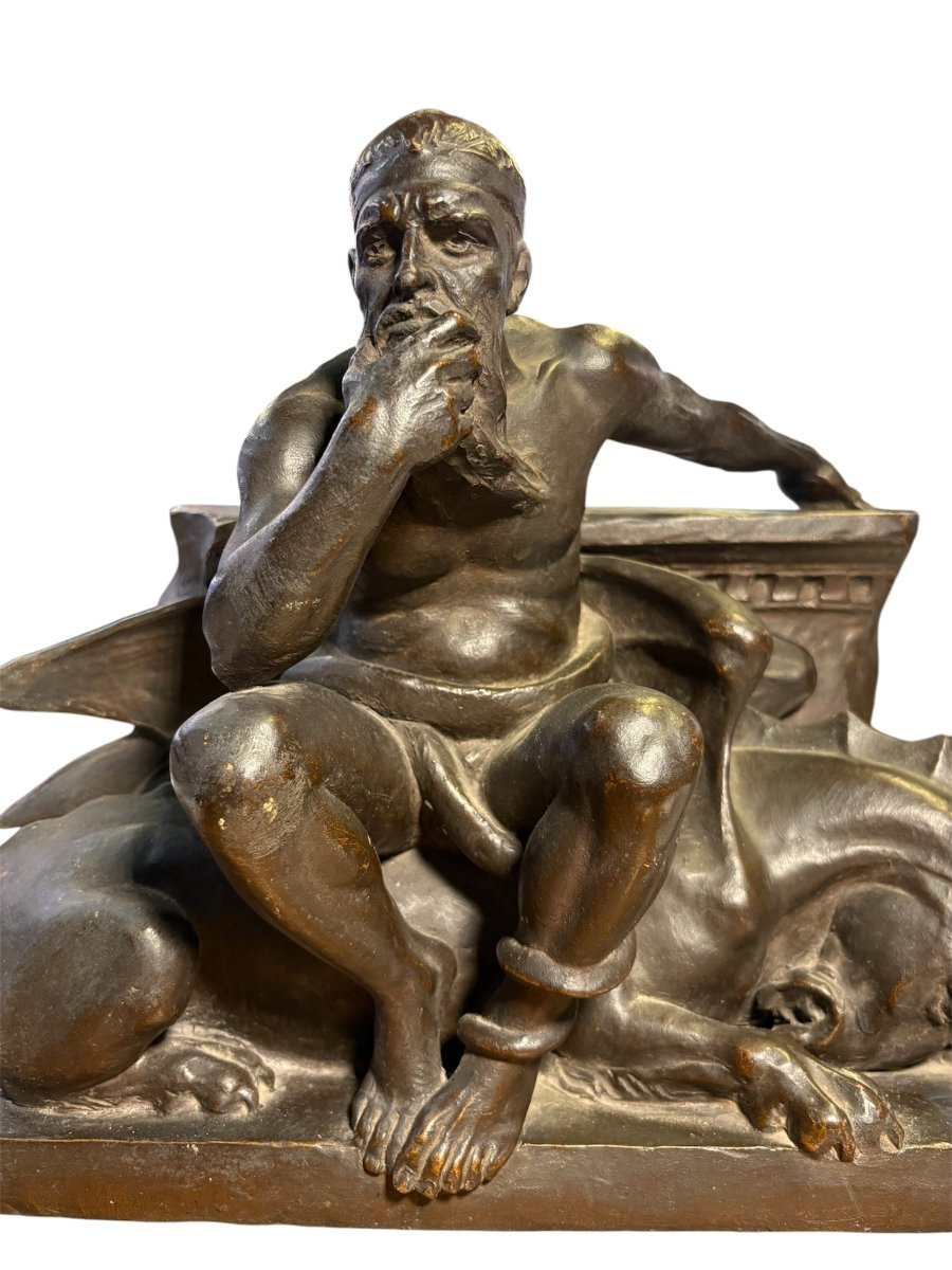 Painted Terracotta Sculpture: Minos, The Guardian Of The Underworld. Italy, 20th Century-photo-4